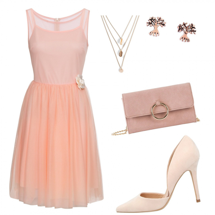 Outfit donna - Neutral Chic. Stile Bon Ton per Cerimonia. look ideale per Petite. Abbinamento con cappotti, vestito al ginocchio con pizzo, collane, zeppe, orecchini.