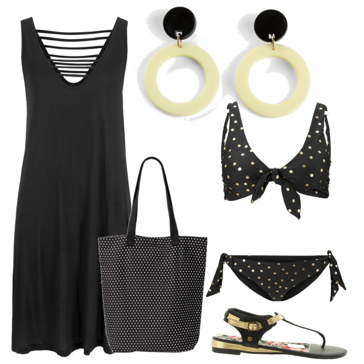 Outfit donna - Orecchini in primo piano. Stile Basic per Mare. Abbinamento con vestiti da spiaggia, bikini, shopping bag, orecchini, infradito.