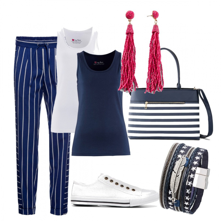 Outfit femme - Yathing. Style Basique pour Tous les jours. Assortir avec pantalons longs, chemisettes, sneakers, bracelets, sacs, colliers et pendantifs.