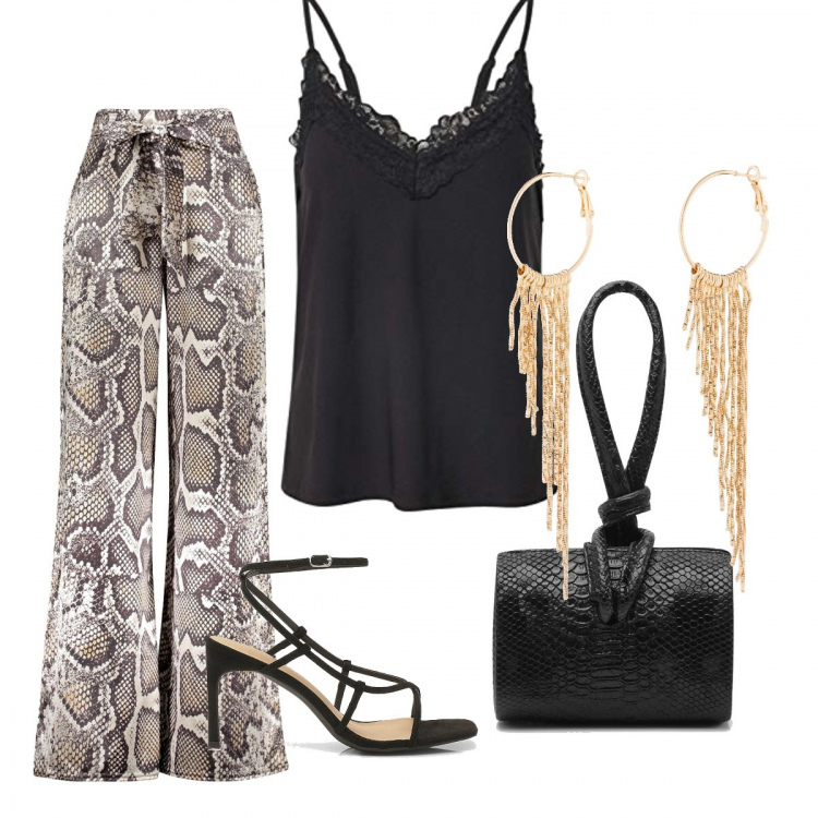 Outfit femme - Au théâtre. Style Tendance pour Soirée dehors. Assortir avec boucles d'oreilles, débardeur, sandales à talon, pochette.