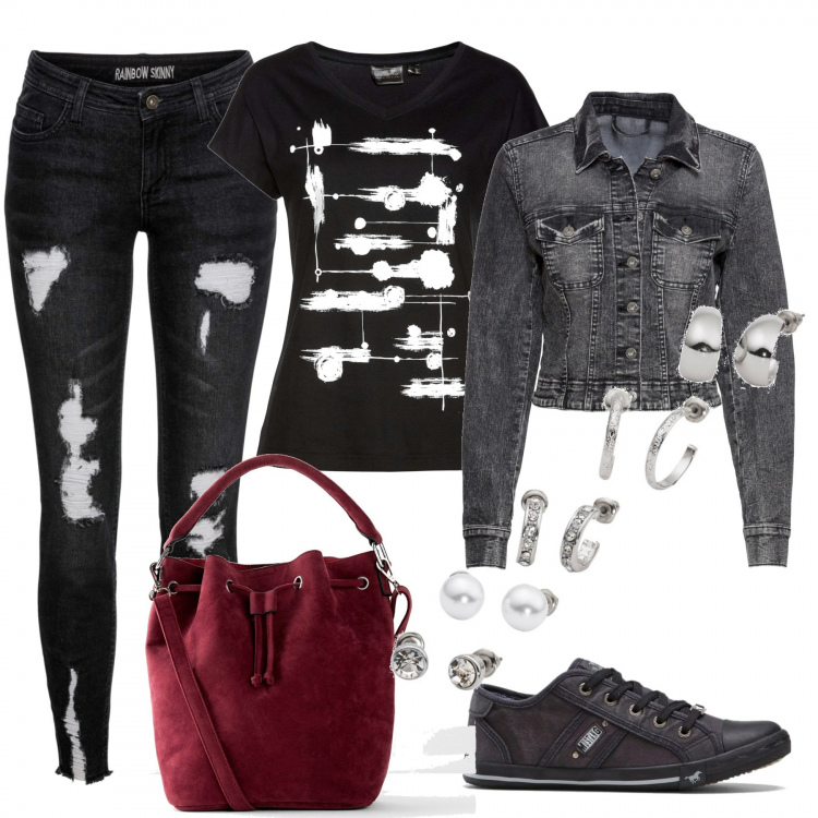 Outfit donna - Total Look Bonprix. Stile Urban per Tutti i giorni. Abbinamento con t-shirt, jeans strappati, sneakers, giacca, orecchini, borse a mano.