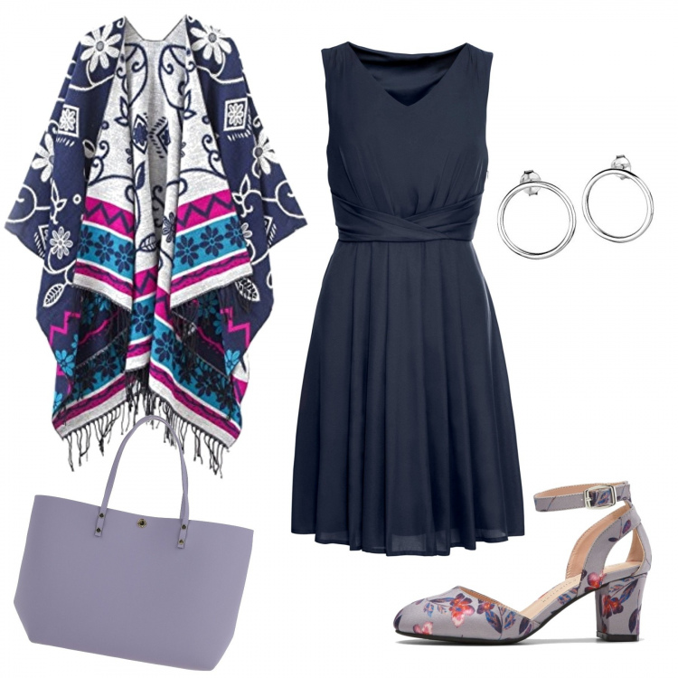 Outfit donna - Curvy in Lilla. Stile Trendy per Tutti i giorni. Abbinamento con borsa a mano, vestito, décolleté, poncio, orecchini.