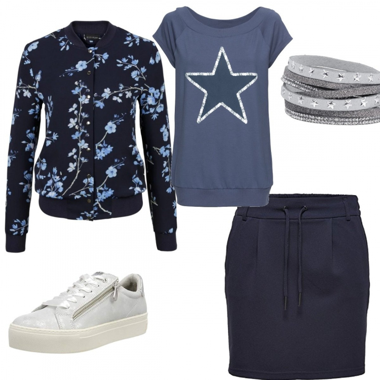 Outfit donna - Floreale in blu. Stile Basic per Scuola/Università. Abbinamento con bomber, t-shirt, braccialetti, gonne, sneakers.