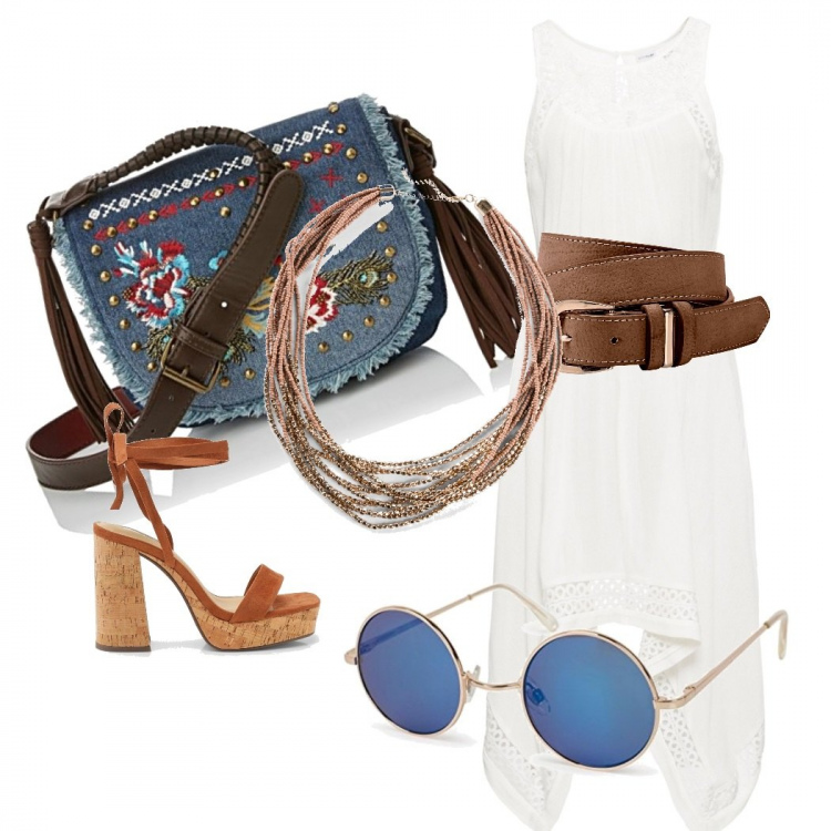 Outfit femme - Un air de festival. Style Ethnique pour Soirée dehors. Assortir avec robes, ceintures, colliers, chaussures à talon, lunettes de soleil.