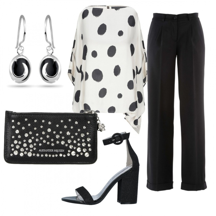 Outfit donna - Mille bolle nere. Stile Bon Ton per Cerimonia. Abbinamento con pantaloni, blusa, sandali col tacco, portafogli, orecchini.
