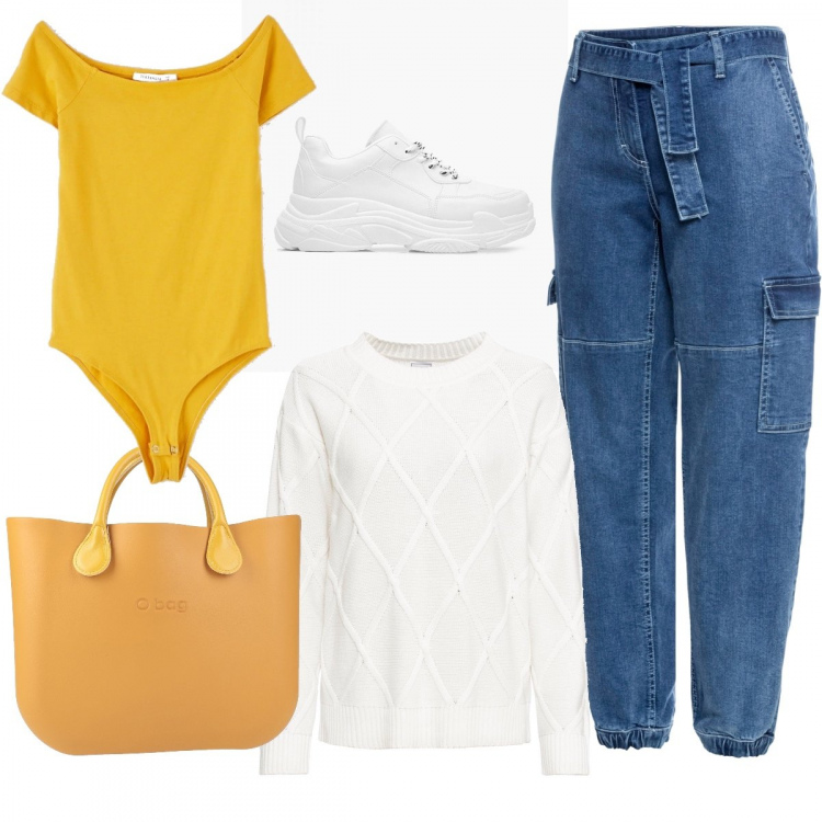 Outfit donna - Monday style informale. Stile Urban per Tutti i giorni. Abbinamento con borse a mano, shopping bag, maglione, body, sneakers.