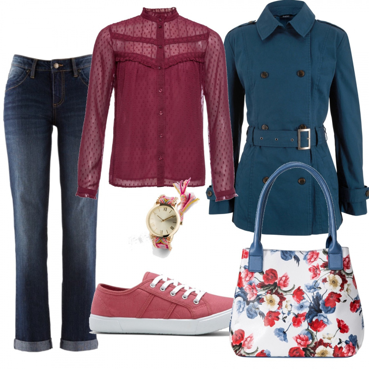 Outfit donna - Look informale del venerdì. Stile Urban per Tutti i giorni. Abbinamento con jeans dritti, jeans, tunica, sneakers, borse a mano, orologi.
