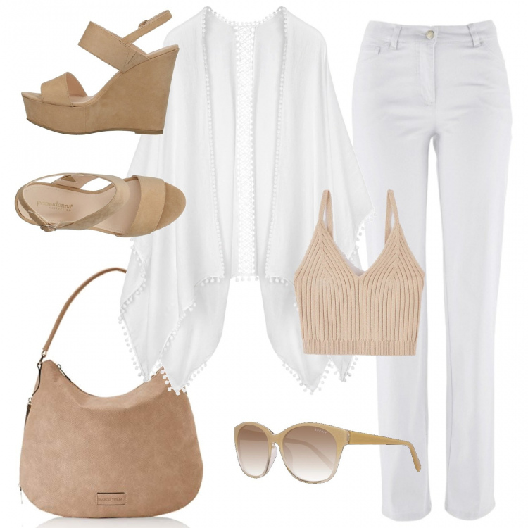 Outfit donna - In armonia con la natura. Stile Trendy per Tutti i giorni. Abbinamento con pantaloni, cappotti, sandali con tacco, top, borsa a spalla, occhiali da sole.