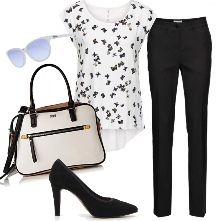 Outfit donna - Urban #11405. Stile Urban per Tutti i giorni. Abbinamento con pantaloni, maglieria, borse a mano, décolleté, occhiali da sole.