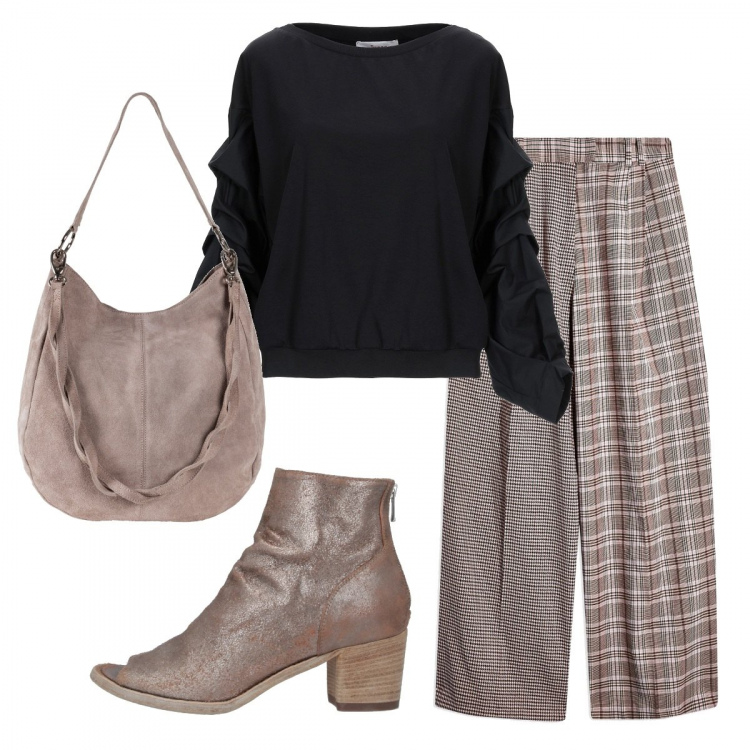 Outfit donna - Metà quadretti e metà scozzesi. Stile Trendy per Scuola/Università. Abbinamento con borse a mano, pantalone lungo, camicia, stivaletti.