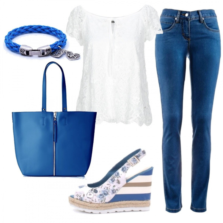 Outfit donna - Zeppe a righe e fiori. Stile Trendy per Ufficio. Abbinamento con jeans dritti, camicia, sandali, braccialetti, borse a spalla.