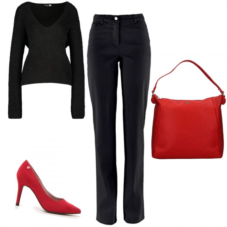 Outfit donna - Inspo Cuccarini vita in diretta. Stile Chic per Tutti i giorni. Abbinamento con pantaloni, maglia, borsa a mano, décolleté.