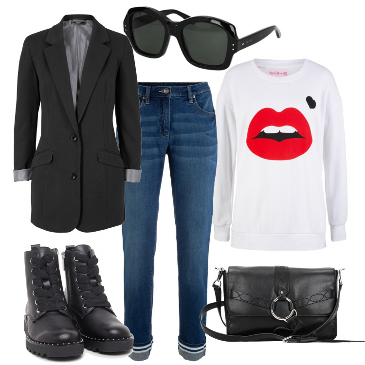 Outfit donna - Urban anni 80. Stile Trendy per Tutti i giorni. Abbinamento con pantaloni a palazzo, giacche, jeans, borsa a tracolla, occhiali da sole, anfibi.