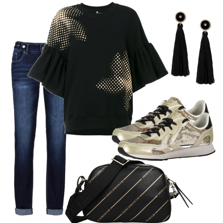 Outfit donna - Le gold sneakers. Stile Basic per Scuola/Università. Abbinamento con jeans boyfriend, orecchini, pochette, felpe, sneakers.