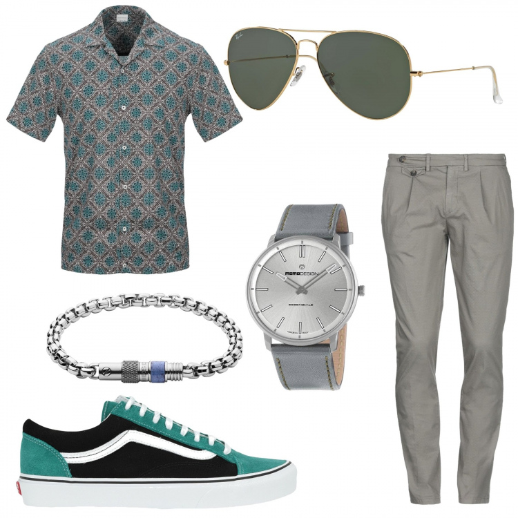 Outfit uomo - California Roard. Stile Urban per Tutti i giorni. Abbinamento con pantalone chino, camicie a manica corta, sneakers, braccialetto, occhiali da sole, orologio.