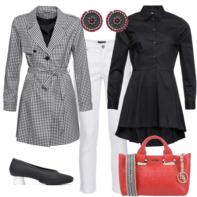 Outfit donna - Casual curvy in ufficio. Stile Basic per Ufficio. Abbinamento con camicie, trench, pantaloni, borsa a mano, orecchini, décolleté.