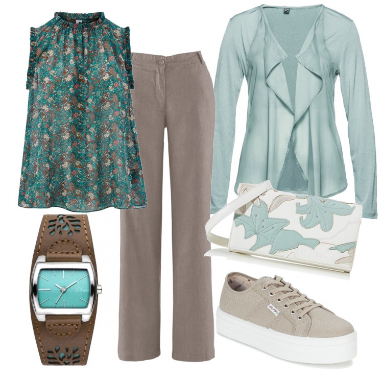 Outfit donna - Terra e cielo. Stile Basic per Tutti i giorni. Abbinamento con pantaloni, cardigans, sneakers, top, clutch, orologi.