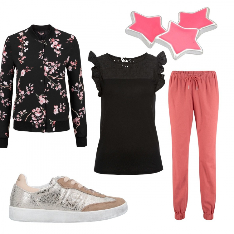 Outfit donna - Comoda e floreale. Stile Basic per Tutti i giorni. Abbinamento con bomber, pantaloni, top, sneakers, ciondoli.