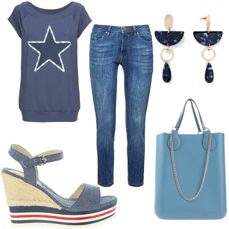 Outfit donna - Oggi mi va il jeans. Stile Trendy per Tutti i giorni. Abbinamento con t-shirt, orecchini, borse a spalla, jeans skinny, sandali.