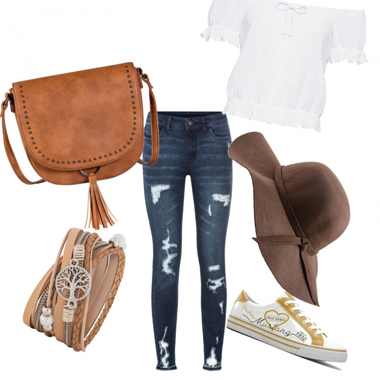 Outfit femme - Basique #17355. Style Basique pour Tous les jours. Assortir avec bracelets, sneakers, t-shirts, jean déchiré, sacs en bandoulière, chapeaux.