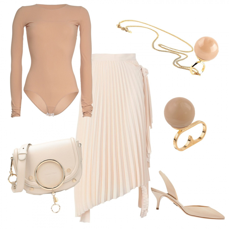Outfit donna - Toni neutri chic. Stile Chic per Serata fuori. Abbinamento con gonne lunghe, anelli, t-shirt, anelli, décolleté, borse a spalla.
