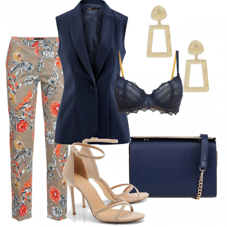 Outfit donna - In blu. Stile Bon Ton per Serata fuori. Abbinamento con pantaloni, vestiti, borsa a tracolla, scarpa col tacco, orecchini, gilet.