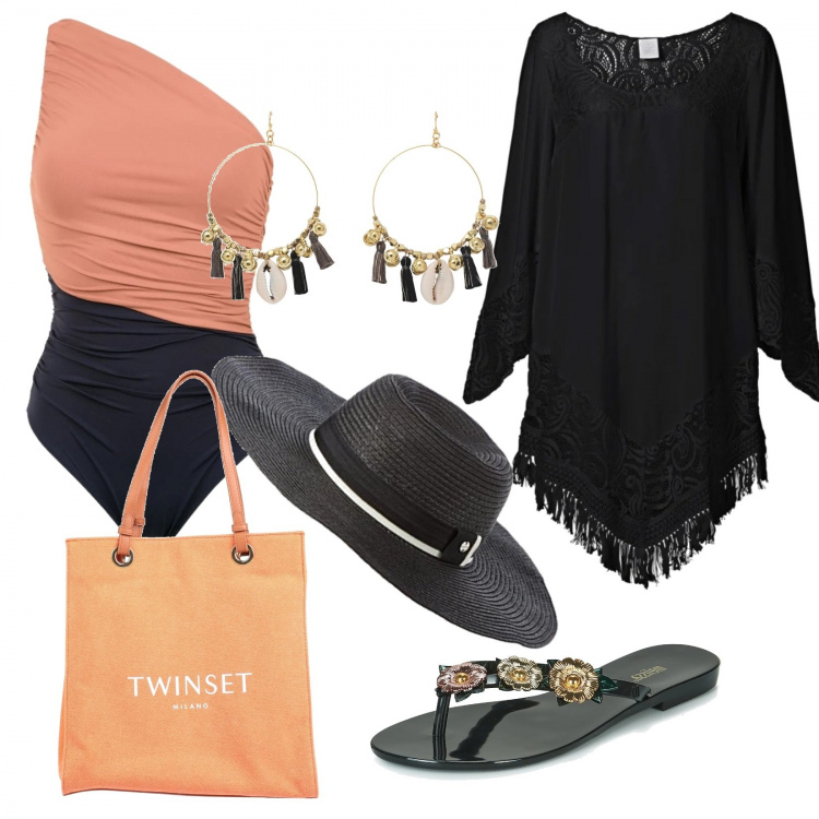 Outfit donna - Basic #17404. Stile Basic per Mare. Abbinamento con vestiti da spiaggia, borse a mano, orecchini, infradito, costumi, cappelli.