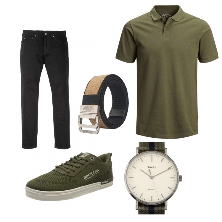 Outfit uomo - Verde e nero. Stile Casual per Tutti i giorni. Abbinamento con jeans slim fit, polo, sneakers, orologi, cintura.