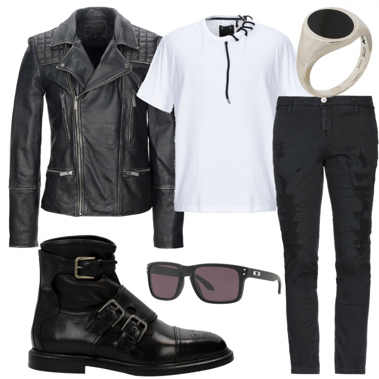 Outfit uomo - Depeche Mode. Stile Biker Rock per Tutti i giorni. Abbinamento con pantalone lungo, giubbotto, occhiali da sole, t-shirt, anelli, stivaletti.