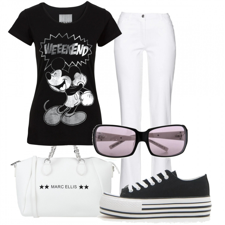 Outfit donna - Basic #17437. Stile Basic per Scuola/Università. Abbinamento con t-shirt, pantaloni, borse a mano, sneakers, occhiali da sole.