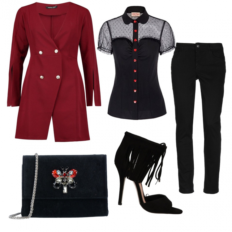 Outfit donna - Red e black. Stile Sexy per Serata fuori. Abbinamento con pantalone lungo, borsa a tracolla, blazer, camicia, sandali.