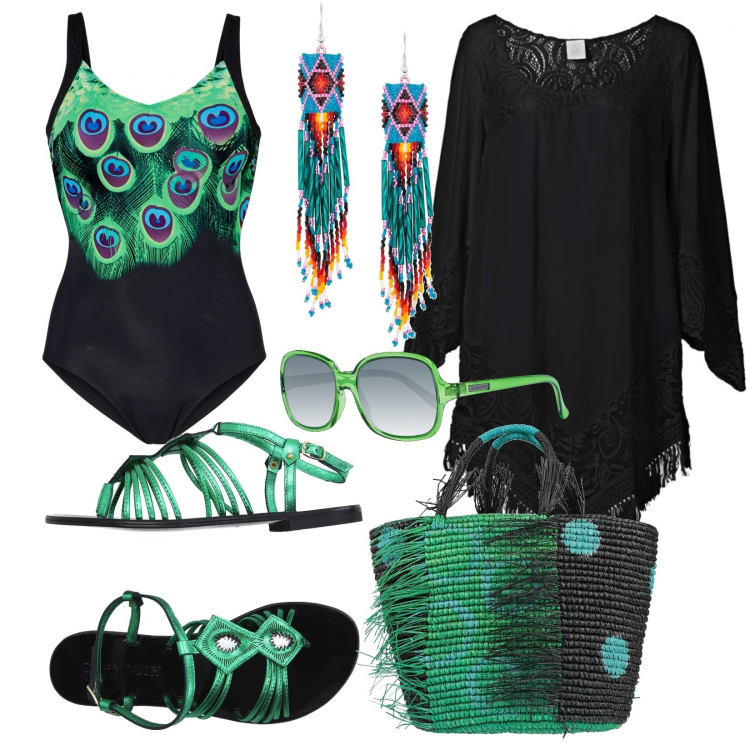 Outfit donna - Basic #17435. Stile Basic per Mare. Abbinamento con vestiti da spiaggia, costumi interi, infradito, borsa a mano, orecchini, occhiali da sole.