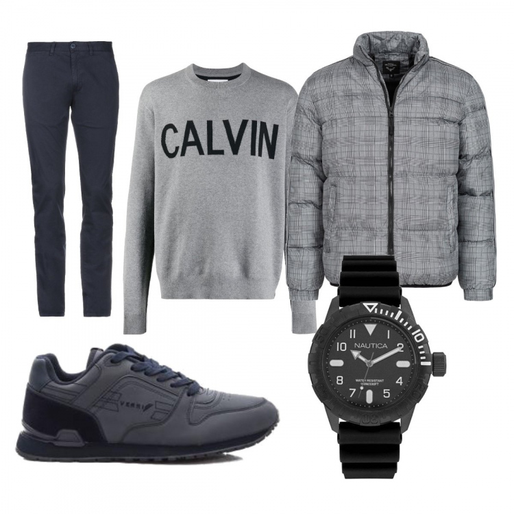 Outfit uomo - Felpa grigia. Stile Casual per Tutti i giorni. Abbinamento con felpa, pantaloni, giubbotto, sneakers, orologio.