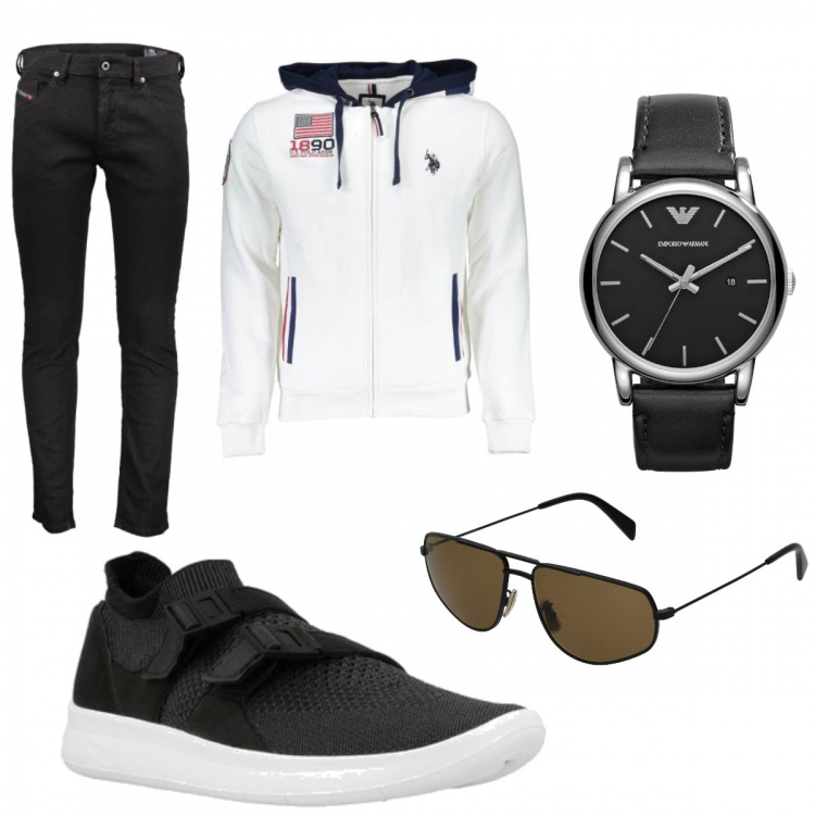 Outfit uomo - Felpa bianca. Stile Casual per Tutti i giorni. Abbinamento con occhiali da sole, sneakers, felpe, jeans, orologio.
