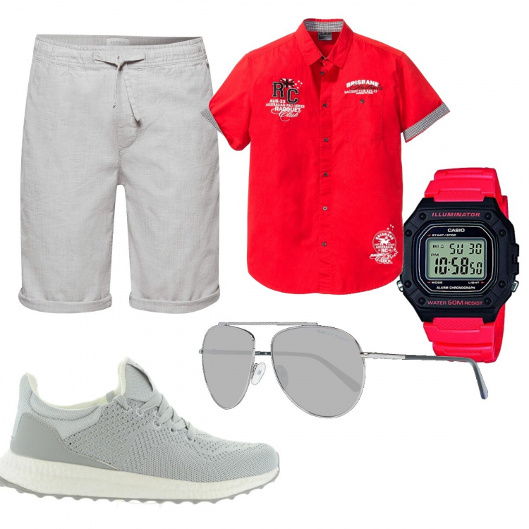 Outfit uomo - Camicia rossa. Stile Casual per Tutti i giorni. Abbinamento con occhiali da sole, camicia a maniche corte, sneakers, pantalone corto, orologi digitali.
