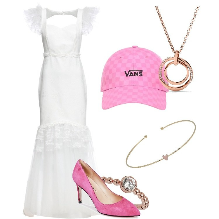 Outfit donna - Romantico Giovane Sì. Stile Trendy per Cerimonia. Abbinamento con braccialetti, vestiti asimmetrici, décolleté, berretti, anelli, ciondoli.