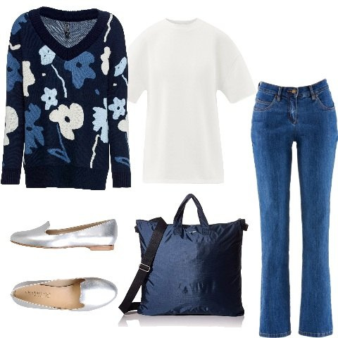 Outfit donna - Blu e crema, fiori e denim. Stile Basic per Scuola/Università. Abbinamento con jeans dritti, maglioni, mocassini, maglia, borse a spalla.