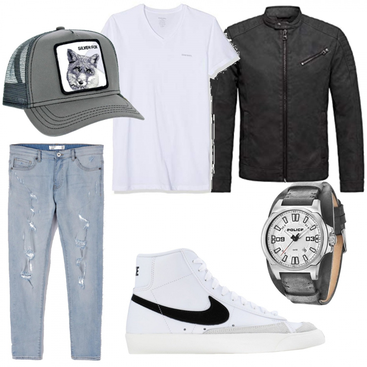 Outfit uomo - Silver Fox. Stile Trendy per Tutti i giorni. Abbinamento con sneakers, jeans skinny, cappello, giacche, orologio, t-shirt.