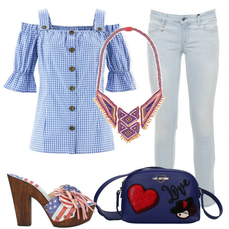 Outfit donna - Sbarazzina. Stile Trendy per Tutti i giorni. Abbinamento con camicie a manica corta, sabot, borse a spalla, collane, jeans.