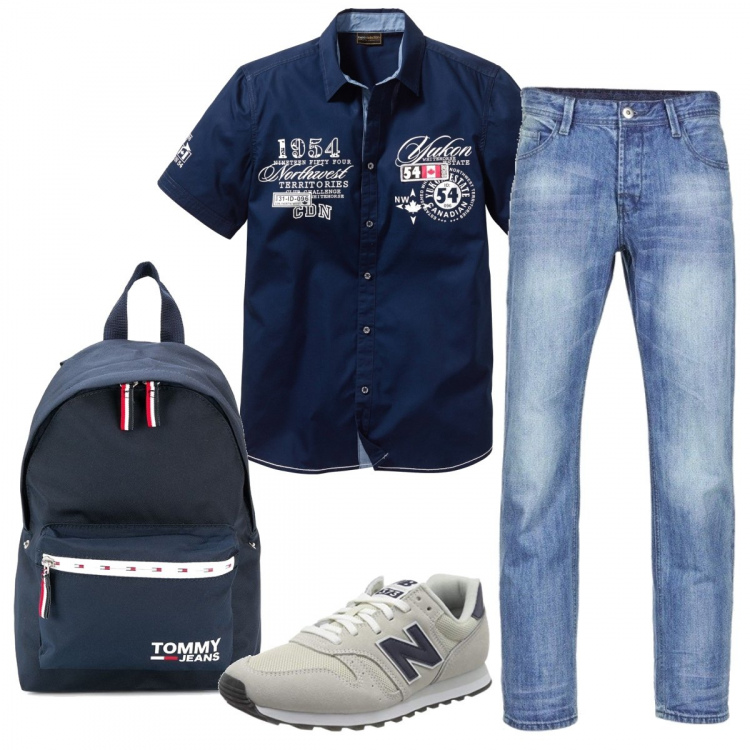 Outfit uomo - Casual #8347. Stile Casual per Tutti i giorni. Abbinamento con camicie a manica corta, jeans, borse sportive, sneakers.