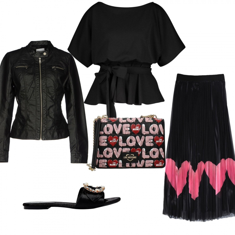 Outfit donna - Trendy #27825. Stile Trendy per Serata fuori. Abbinamento con gonna lunga, sandali gioiello, giubbotto, top, borsa a tracolla.