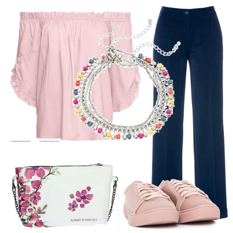 Outfit donna - Comoda con stile. Stile Trendy per Serata fuori. Abbinamento con pantaloni, bluse, blazer, borsa a tracolla, sneakers.