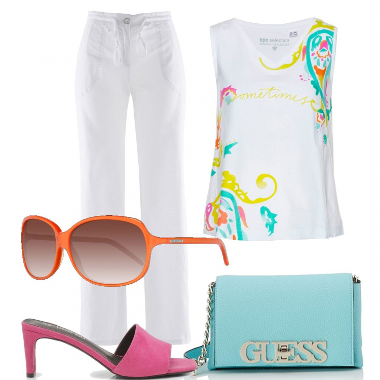 Outfit donna - Trendy #27854. Stile Trendy per Tutti i giorni. Abbinamento con pantaloni a palazzo, top, sandali con tacco, borsa a tracolla, occhiali da sole.