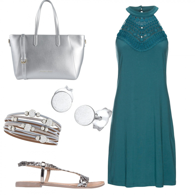 Outfit donna - Una sera d\'estate impreparata. Stile Basic per Tutti i giorni. Abbinamento con sandali, borsa a mano, cappelli con visiera, maglieria, orecchini.