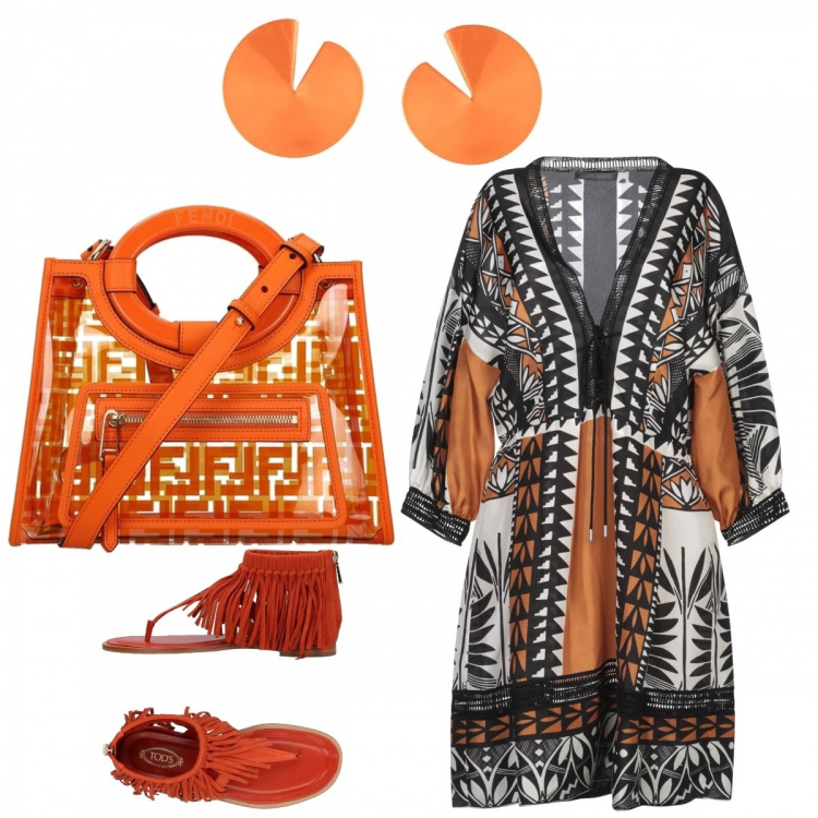 Outfit donna - Etnico-chic. Stile Etnico per Mare. Abbinamento con vestito corto, infradito, borsa a mano, orecchini.