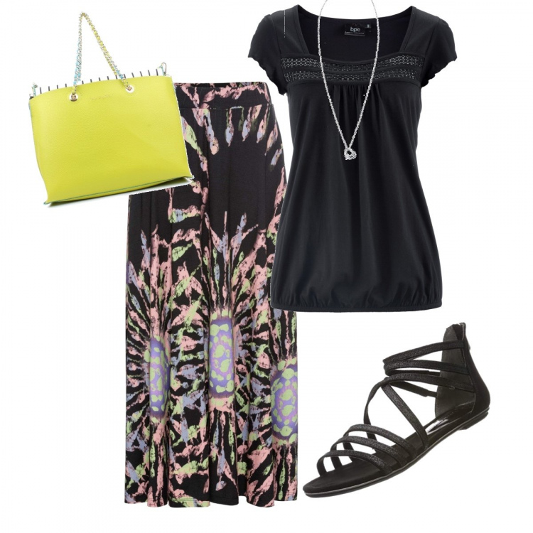 Outfit donna - Bella sempre. Stile Etnico per Tutti i giorni. Abbinamento con maglia, gonna, borsa, sandali alla schiava, ciondoli.
