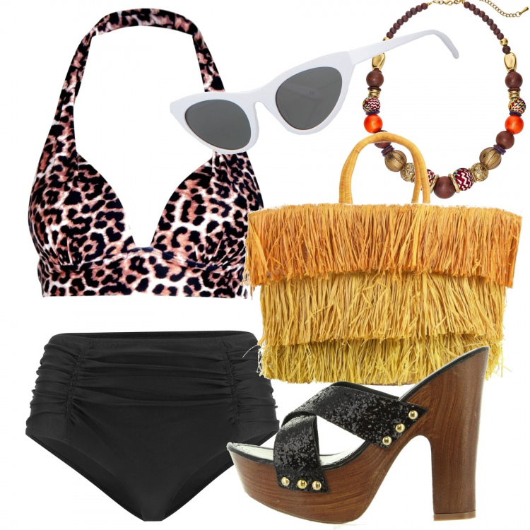 Outfit donna - 50\'s diva. Stile Sexy per Mare. Abbinamento con culotte, collane, occhiali da sole, borsa a mano, bikini, sandali.
