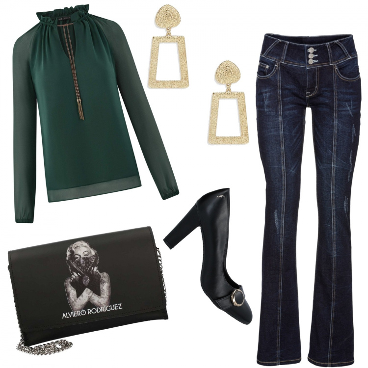 Outfit donna - Trendy a prezzi bassi!. Stile Trendy per Serata fuori. Abbinamento con jeans bootcut, décolleté, orecchini, borsa a tracolla, camicie.