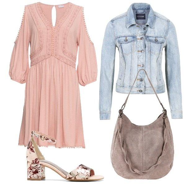 Outfit donna - A pranzo con le amiche. Stile Trendy per Tutti i giorni. Abbinamento con borse a mano, vestiti, sandali col tacco, giacche sportive.
