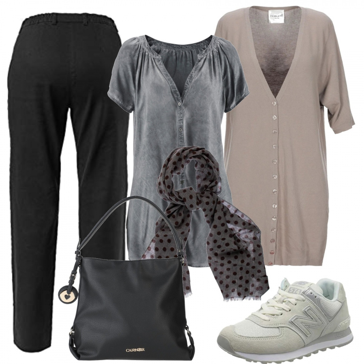 Outfit donna - Curvy Style/Foulard a Pois. Stile Basic per Tutti i giorni. Abbinamento con camicie a manica corta, cardigans, borse a mano, sciarpe, pantalone lungo, sneakers.